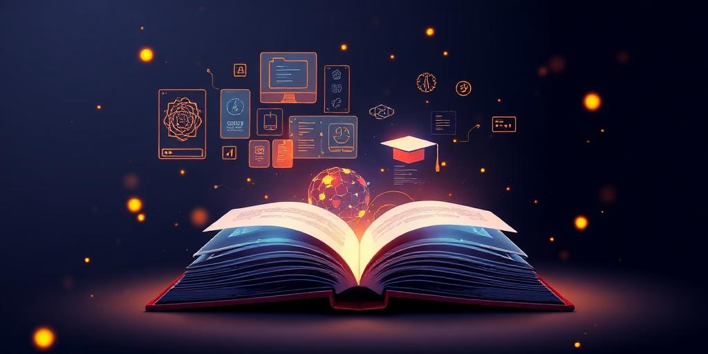 Glowing book of AI knowledge with floating learning panels
